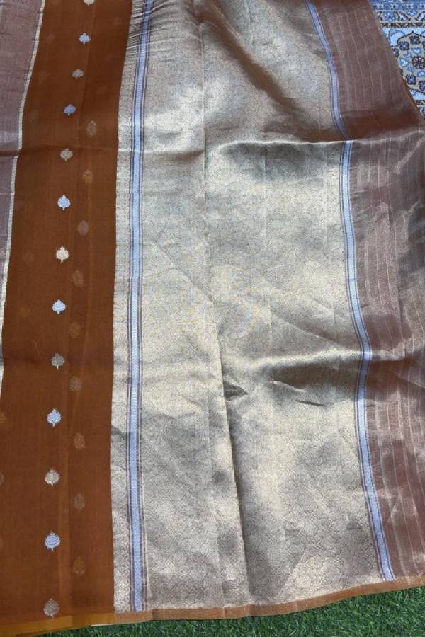 Orange Mustard Pure Kora Tissue Banarasi Handloom Saree in Varanasi