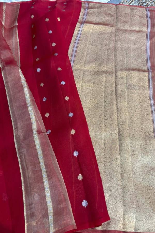 Orange Mustard Pure Kora Tissue Banarasi Handloom Saree in Varanasi