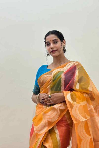 Orange Yellow Kora Rungkaat Banarasi Handloom Saree in Varanasi