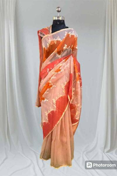 Peach Pure Kora Tissue Rungkaat Banarasi Handloom Saree in Varanasi