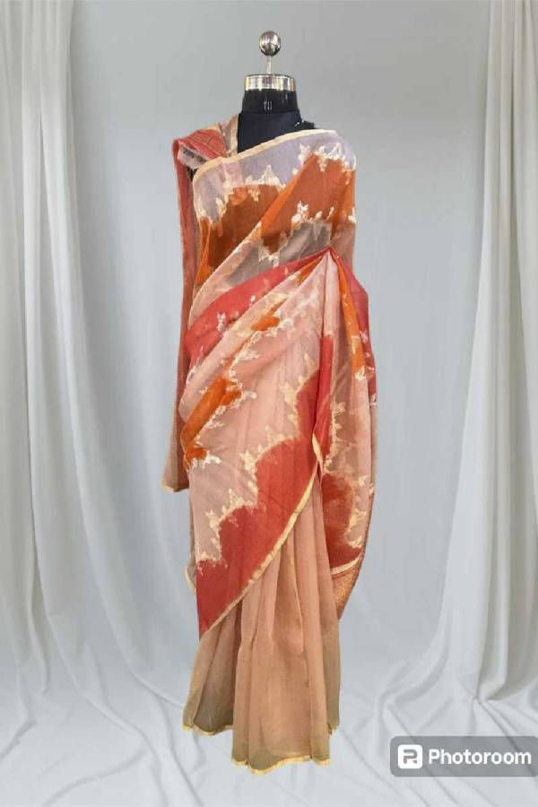 Peach Pure Kora Tissue Rungkaat Banarasi Handloom Saree in Varanasi