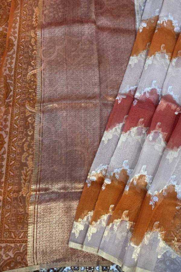 Peach Pure Kora Tissue Rungkaat Banarasi Handloom Saree in Varanasi