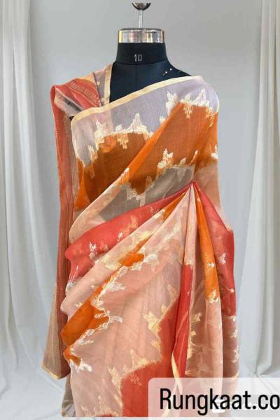 Peach Pure Kora Tissue Rungkaat Banarasi Handloom Saree in Varanasi