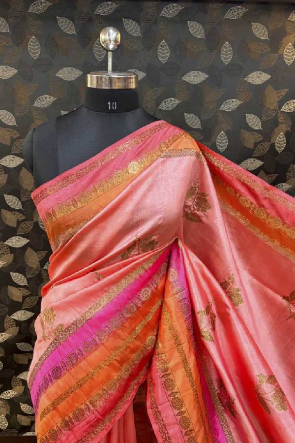 Pink Peach Pure Raw Mango Rungkaat Banarasi Handloom Saree in Varanasi