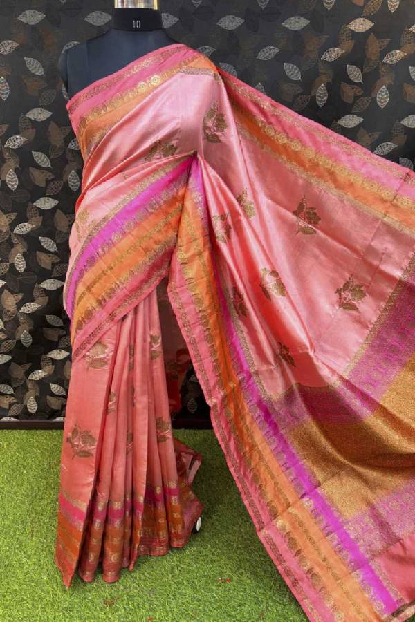 Pink Peach Pure Raw Mango Rungkaat Banarasi Handloom Saree in Varanasi