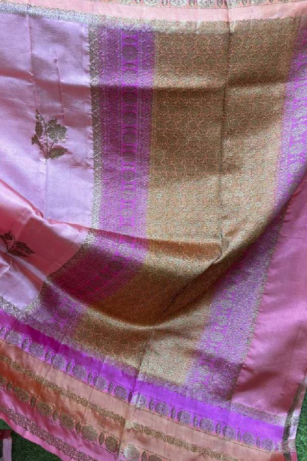 Pink Peach Pure Raw Mango Rungkaat Banarasi Handloom Saree in Varanasi
