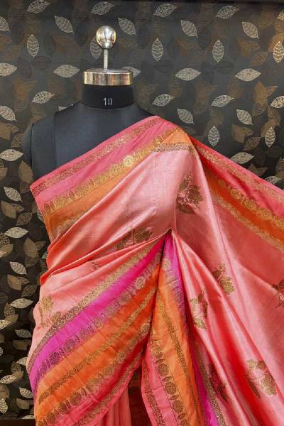 Pink Peach Pure Raw Mango Rungkaat Banarasi Handloom Sareee Manufacturers, Suppliers, Exporters in Indiana