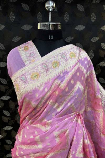 Pink Rungkaat Khaddi Georgette Banarasi Handloom Saree in Varanasi