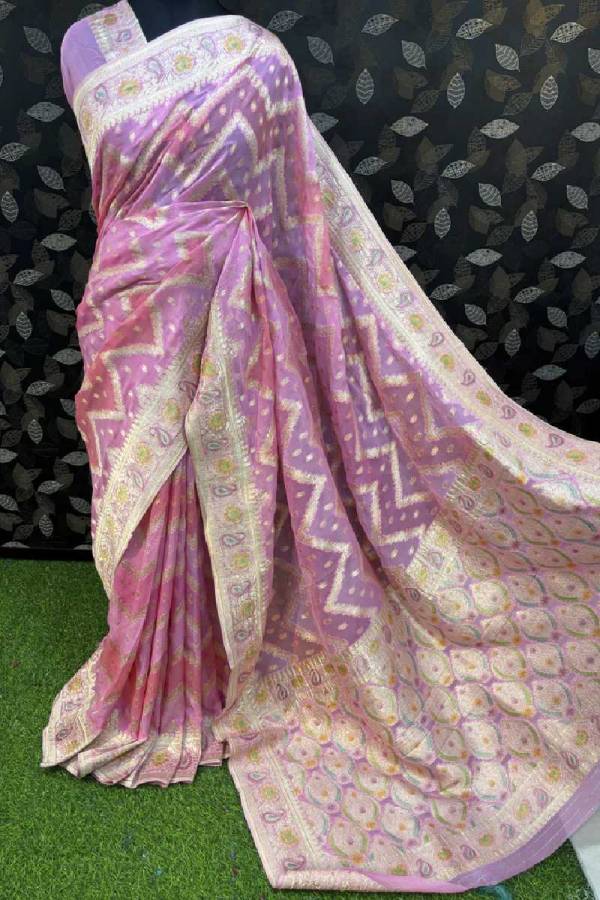 Pink Rungkaat Khaddi Georgette Banarasi Handloom Saree in Varanasi