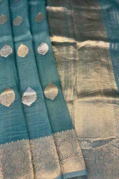 Powder Blue Pure Kora Kadhiyal Banaras Handloom Saree in Varanasi