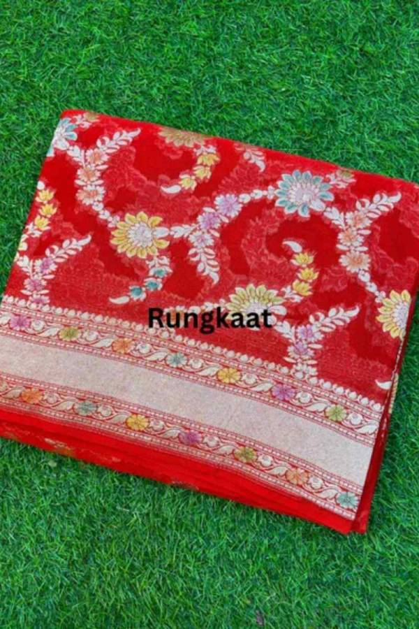 Printed Red Pure Khaddi Georgette Banarasi Handloom Saree in Varanasi