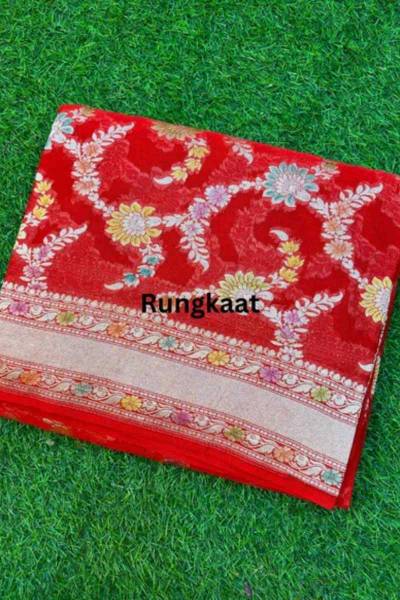 Printed Red Pure Khaddi Georgette Banarasi Handloom Saree in Varanasi