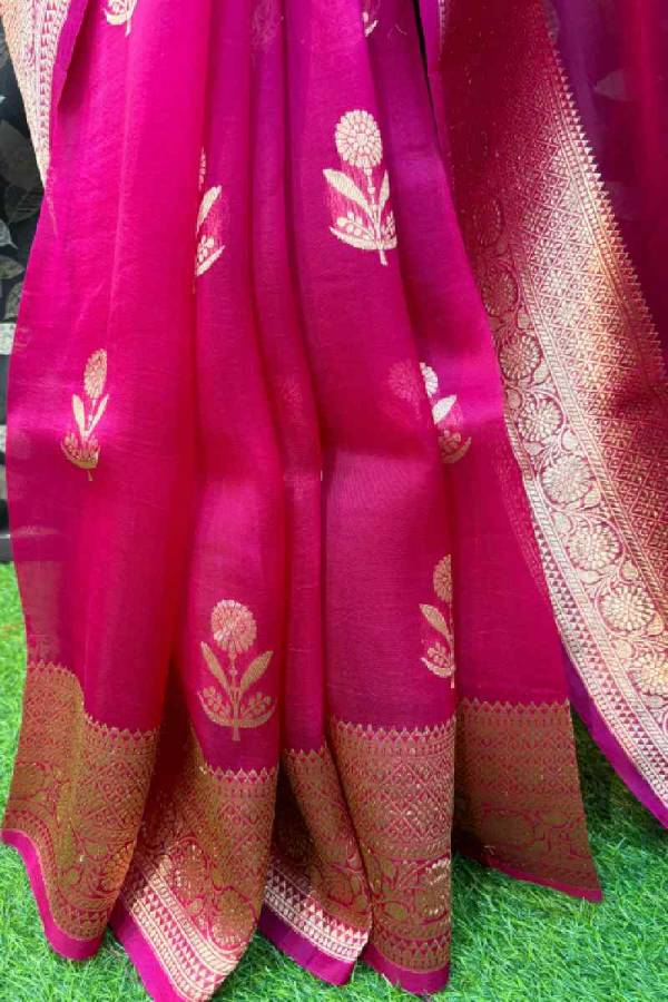 Rani Pink Pure Kora Katan Banarasi Handloom Saree in Varanasi