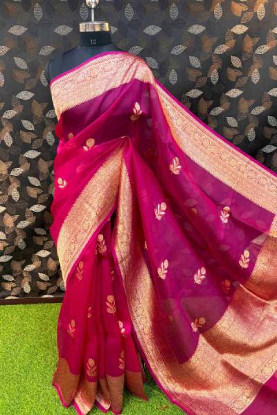 Rani Pink Pure Kora Katan Banarasi Handloom Saree in Varanasi