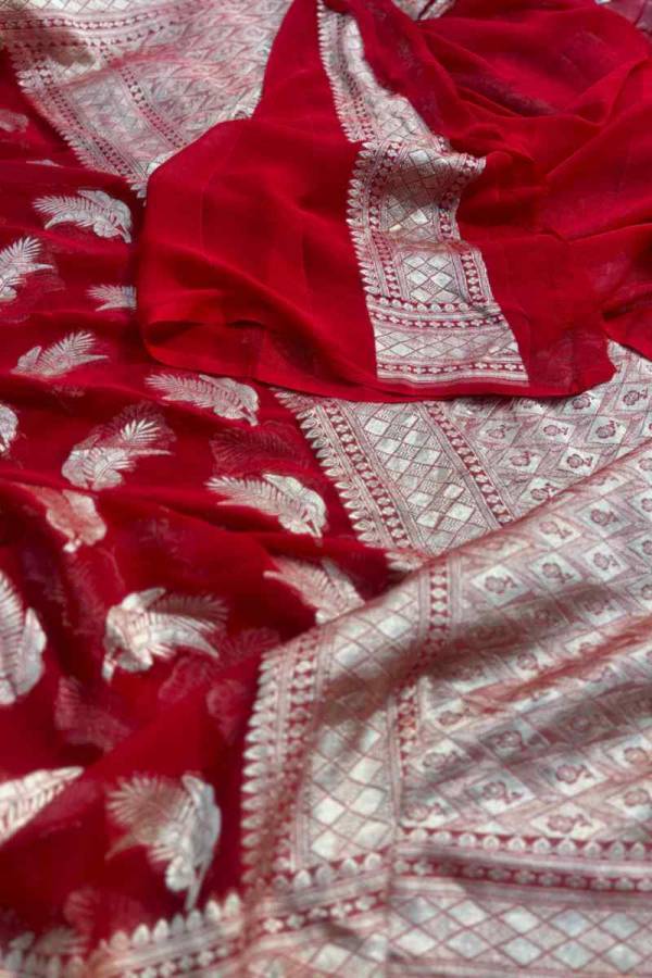 Red Pure Khaddi Georgette Leaf with Flowers Banarasi Handloom Saree in Varanasi