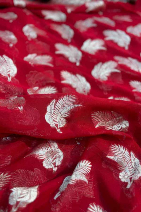 Red Pure Khaddi Georgette Leaf with Flowers Banarasi Handloom Saree in Varanasi
