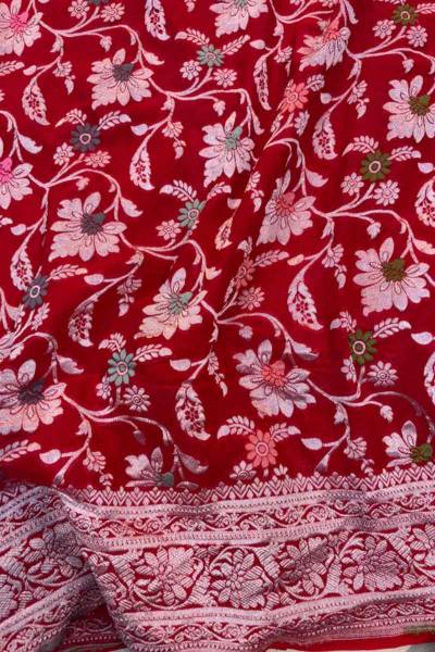 Red Pure Khaddi Georgette Menakari Banarasi Handloom Saree in Varanasi