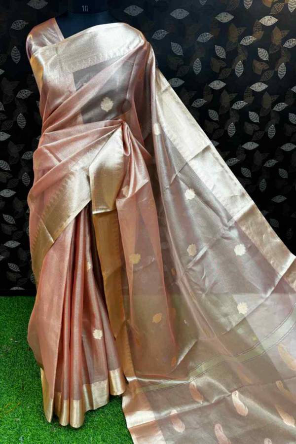 Rose Gold Semi Tissue Banarasi Saree Look for Festive and Wedding Occasions in Varanasi