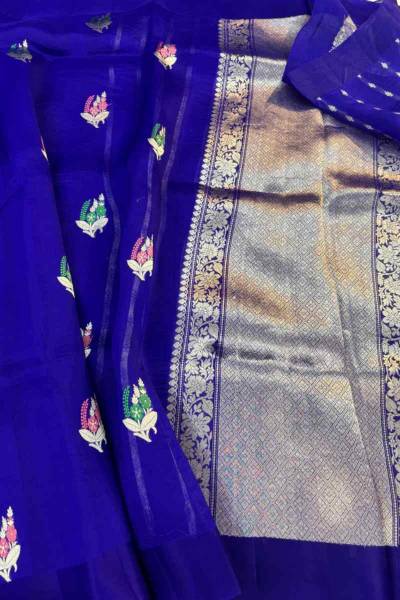 Royal Blue Pure Kora Meenakari Banarasi Handloom Saree in Varanasi