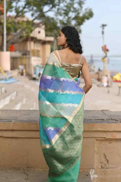 Sea Green Pure Kora Tissue Rungkaat Banaras Handloom Saree in Varanasi