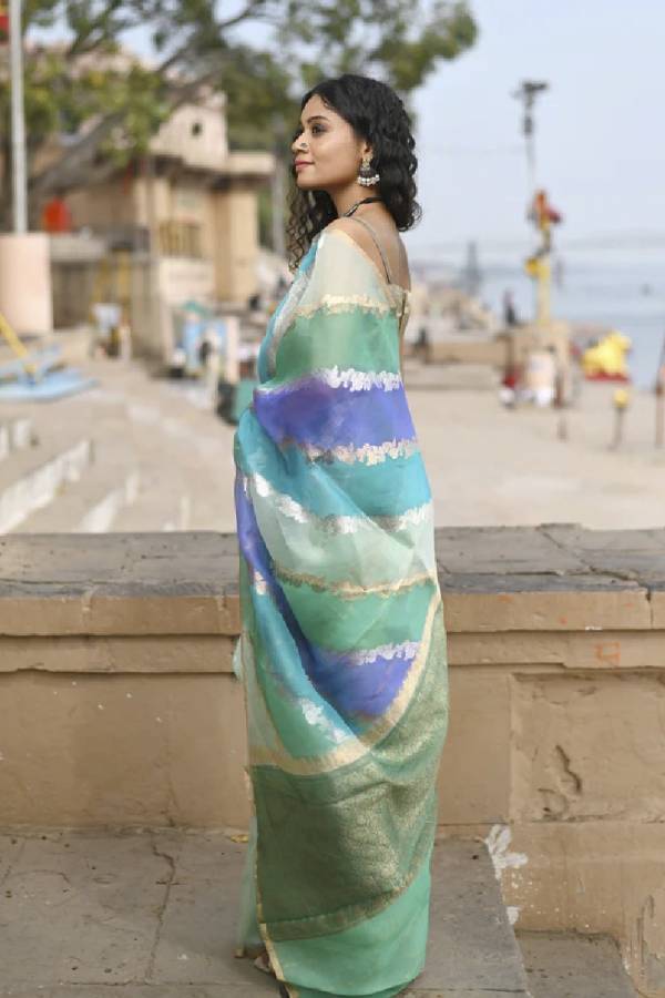 Sea Green Pure Kora Tissue Rungkaat Banaras Handloom Saree in Varanasi