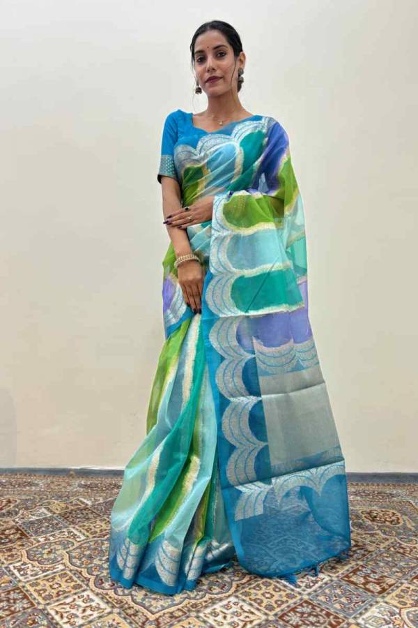 Sky Blue Kora Banarasi Handloom Saree Festival And Party Wear in Varanasi