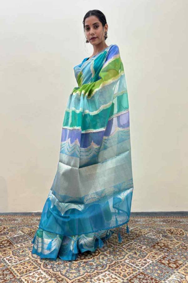 Sky Blue Kora Banarasi Handloom Saree Festival And Party Wear in Varanasi