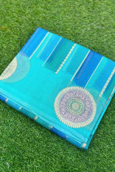 Sky blue Pure Kora Katan Rungkaat Banarasi Handloom Saree in Varanasi