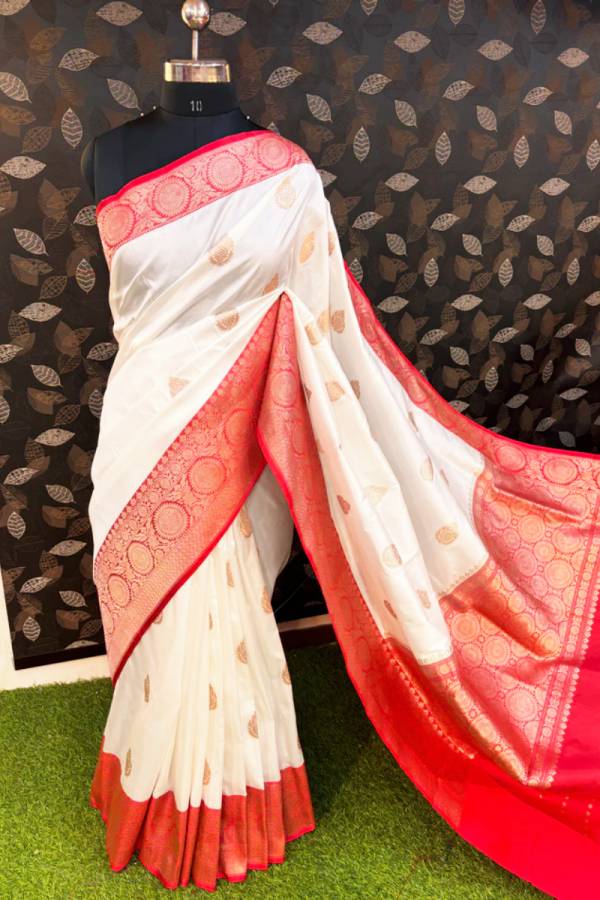 White Red Pure Katan Kadhiyal Boota Banarasi handloom Saree in Varanasi